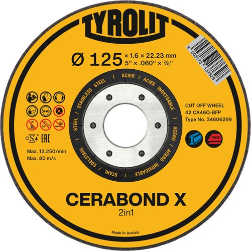 CERABOND X Cut-Off Wheel for Steel & Stainless Steel, 5", Thickness, 0.6", Arbor Size, 7/8", Max. RPM, 12250, Type