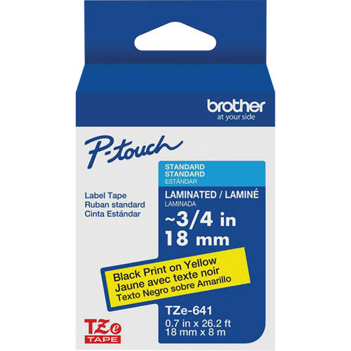 Tape Cartridge for P-touch® Labeling System, Each, 18 mm, Colour, Black on Yellow, Tape Length, 8 m, Tze