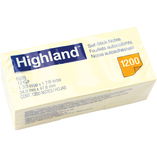 Highland™ Note Message Pads, Paper Type, Non Recycled, Colour, Yellow, Width, 1-1/2", Length, 2", Sheets/Pad, 100, Qty/Pkg., 12
