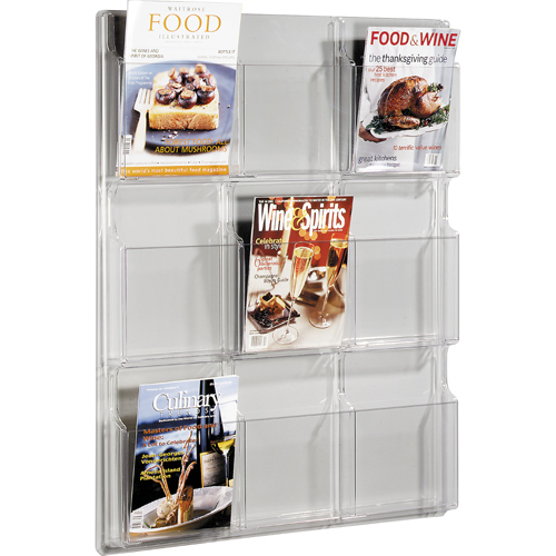 Literature Displays, Each, Wall Mount, No. of Compartments, 9, Material, Plastic, Colour, Clear, Height