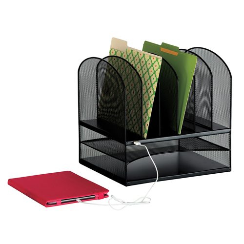 Onyx™ USB Powered Desk Organizer, Each, 13-1/4", Depth, 11-1/2", Height, 13", Material, Mesh, Black, Cord Length, 5'