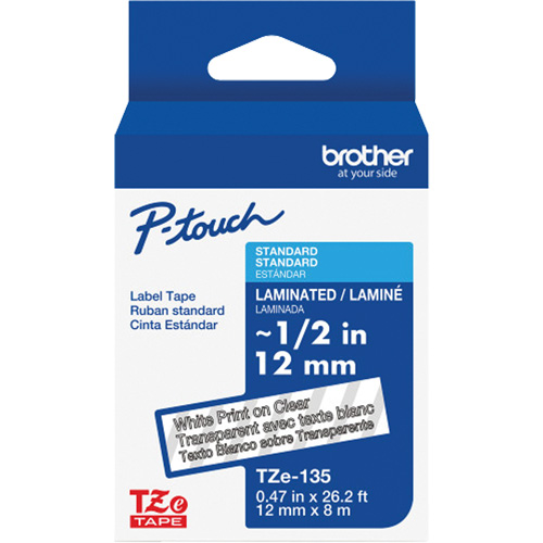 Laminated Tape for P-Touch®, Each, 12 mm, Colour, White on Clear, Tape Length, 8 m
