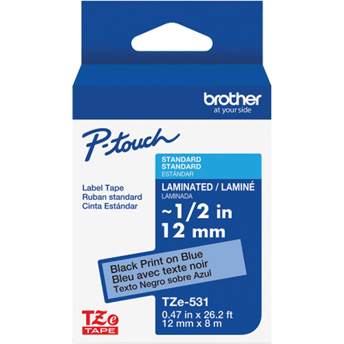 Laminated Tape for P-Touch®, Each, 12 mm, Colour, Black on Blue, Tape Length, 8 m