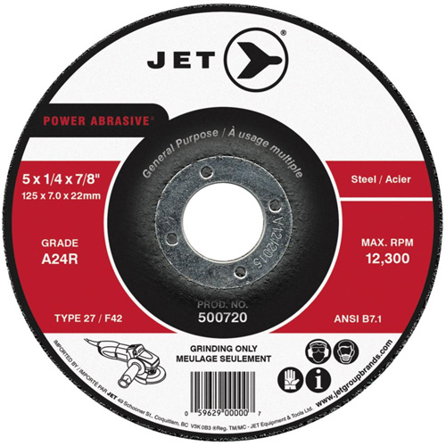 A24R Power Abrasive Grinding Wheel, Each, 4-1/2", Thickness, 1/4", Arbor Size, 7/8", Max. RPM, 13300, Type, A24R