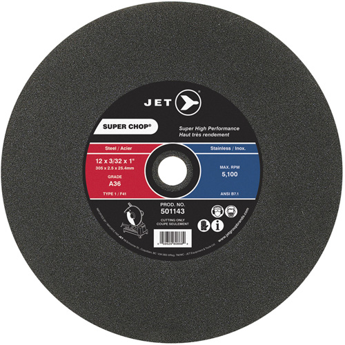 Super Chop Cut-Off Wheel, Each, 12", Thickness, 3/32", Arbor Size, 1", Max. RPM, 5100, Type, 0.094"