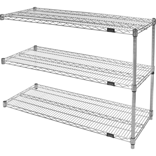 Heavy-Duty Chromate Wire Shelving, Each, Add-On, Shelf Capacity, 800 lbs., Overall Capacity, 2000 lbs., No. of Shelves, 3, Width, 1 Year Limited