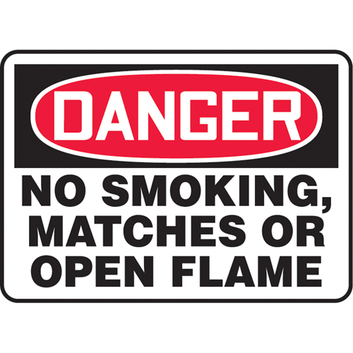 "No Smoking, Matches Or Open Flame" Sign, Each, Vinyl, Height, 7", Width, 10", Display Type, Adhesive, Language, Danger; No Smoking, Matches Or Open Flame