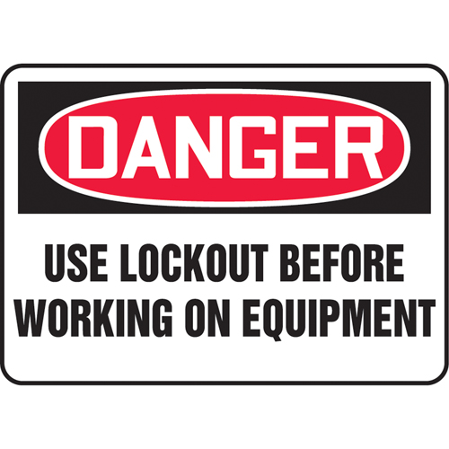 "Lock Out" Sign, Each, Vinyl, Height, 7", Width, 10", Display Type, Adhesive, Language, Danger; Use Lockout Before Working on Equipment, Service temperature range, -20°F to 140°F, Durability