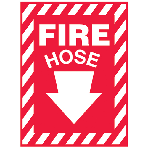 "Fire Hose" Sign, Each, Vinyl, Height, 7", Width, 10", Display Type, Adhesive, Language, Fire Hose w/Downward Arrow, Service temperature range,  -20°F to 140°F, Durability
