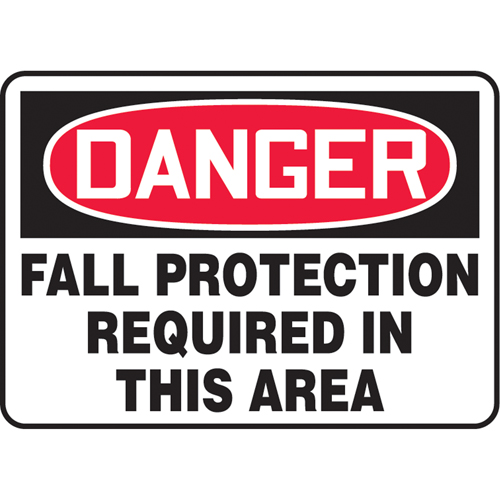 "Fall Protection Required" Sign, Material, Vinyl, Height, 7", Width, 10", Display Type, Adhesive, Legend, Danger; Fall Protection Required In This Area, Service temperature range, -20°F to 140°F