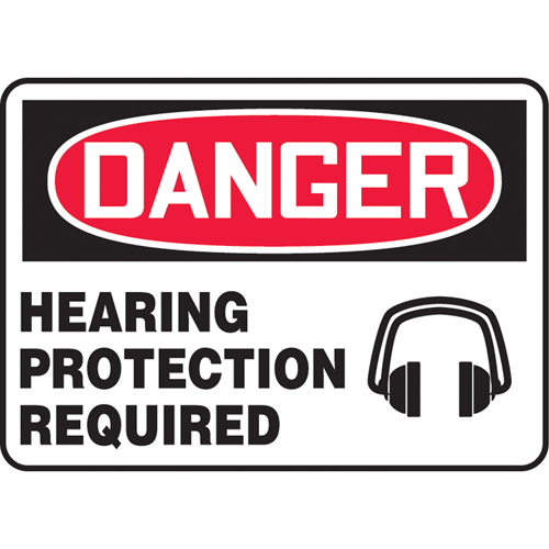 "Hearing Protection Required" Sign, Material, Vinyl, Height, 7", Width, 10", Display Type, Adhesive