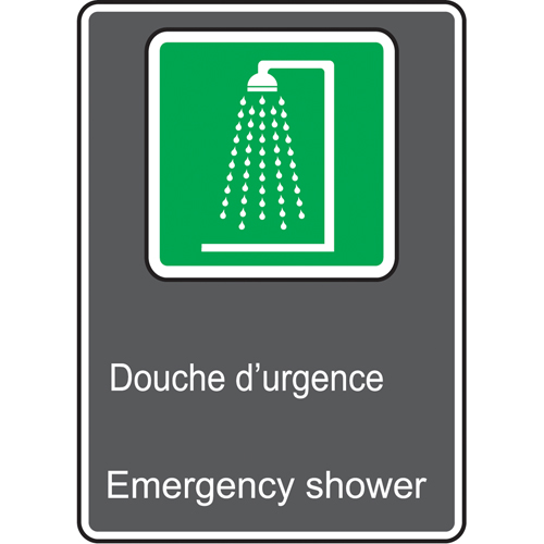 Douche d'urgence / Emergency Shower CSA Standard Safety Sign, Material, Vinyl, Height, 14", Width, 10", Display Type, Adhesive, Legend, Douche D'Urgence; Emergency Shower w/Pictogram