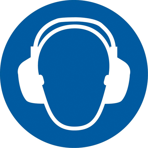 Wear Ear Protection ISO Mandatory Safety Labels, Material, Vinyl, Height, 2", Width, 2", Display Type, Adhesive, Legend, Hearing Protection Required Pictogram