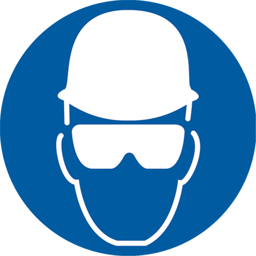 Wear Head & Eye Protection ISO Mandatory Safety Labels, Material, Vinyl, Height, 2", Width, 2", Display Type, Adhesive