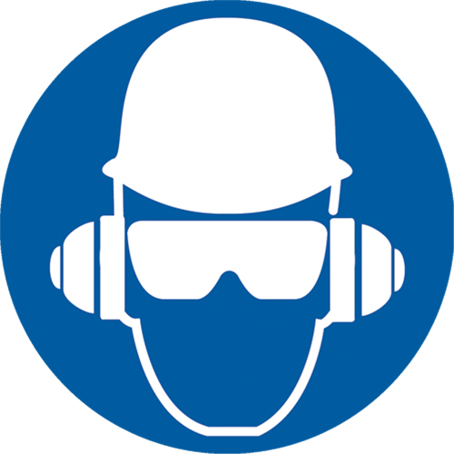 Wear Head, Eye & Ear Protection ISO Mandatory Safety Labels, Material, Vinyl, Height, 2", Width, 2", Display Type, Adhesive
