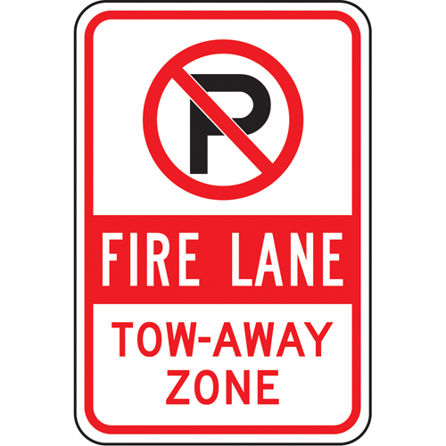 "Fire Lane Tow-Away Zone" No Parking Sign, Material, Aluminum, Height, 18", Width, 12", Display Type, Bolt-On, Legend, Fire Lane Tow-Away Zone w/No Parking Pictogram