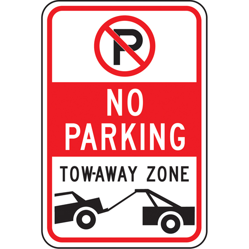 "No Parking Tow-Away Zone" Sign, Material, Aluminum, Height, 18", Width, 12", Display Type, Bolt-On, Legend, No Parking Tow-Away Zone w/Pictograms