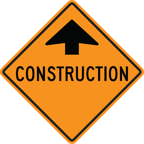 "Construction" Traffic Sign, Material, Aluminum, Height, 36", Width, 36", Display Type, Bolt-On, Legend, Construction w/Upwards Arrow