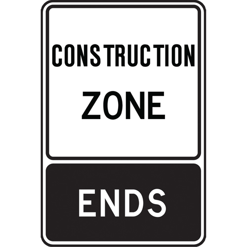 "Construction Zone Begins" Temporary Sign, Material, Aluminum, Height, 36", Width, 24", Display Type, Bolt-On, Legend, Construction Zone Ends