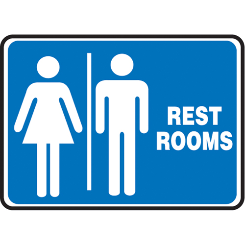 "Rest Rooms" Sign, Material, Aluminum, Height, 7", Width, 10", Display Type, Bolt-On, Legend, Restrooms w/Mens & Womens Pictogram