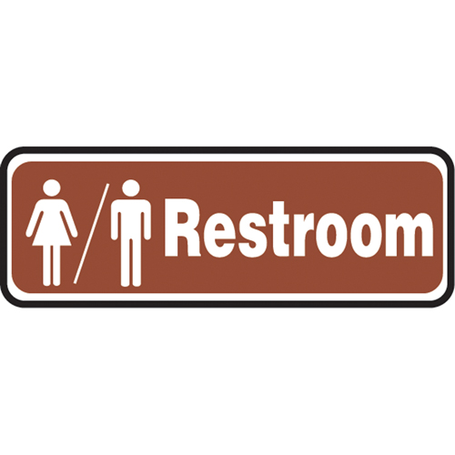 "Rest Room" Sign, Material, Aluminum, Height, 3", Width, 10", Display Type, Bolt-On, Legend, Restrooms w/Mens & Womens Pictogram
