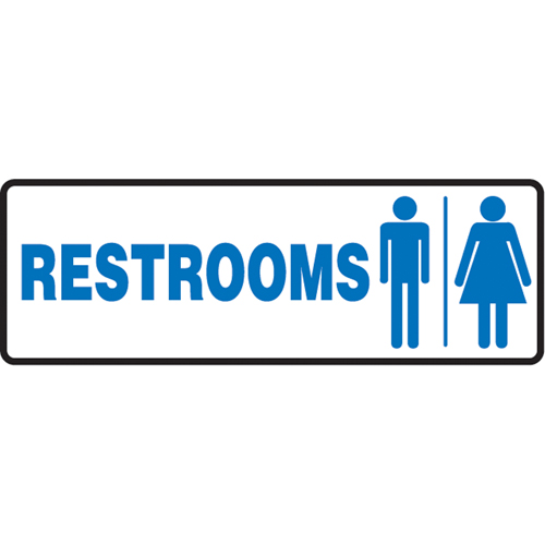 "Rest Rooms" Sign, Material, Aluminum, Height, 4", Width, 10", Display Type, Bolt-On, Legend, Restrooms w/Mens & Womens Pictogram