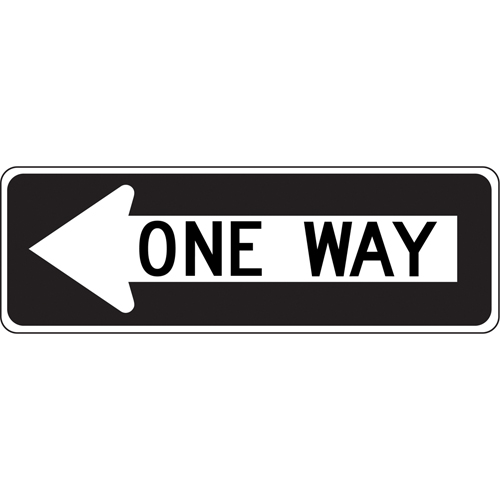 "One Way" Sign, Material, Aluminum, Height, 12", Width, 36", Display Type, Bolt-On, Legend, Left One Way w/ Arrow Pictogram