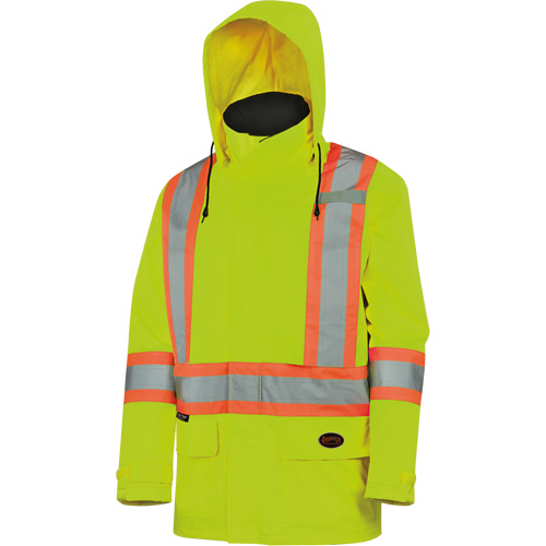 High-Visibility Lightweight Waterproof Safety Jacket with Detachable Hood, Colour, High Visibility Lime-Yellow, Reflective Colour, Silver/Orange, Size, Large, Material