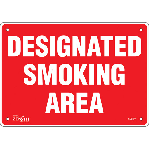"Designated Smoking Area" Sign, Each, Plastic, Height, 7", Width, 10", Display Type, Bolt-On, Language, Designated Smoking Area, Thickness, 0.055", Manufacturer's Warranty