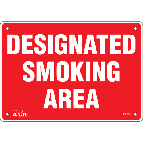 "Designated Smoking Area" Sign, Each, Aluminum, Height, 7", Width, 10", Display Type, Bolt-On, Language, Designated Smoking Area, Thickness, 0.040", Manufacturer's Warranty