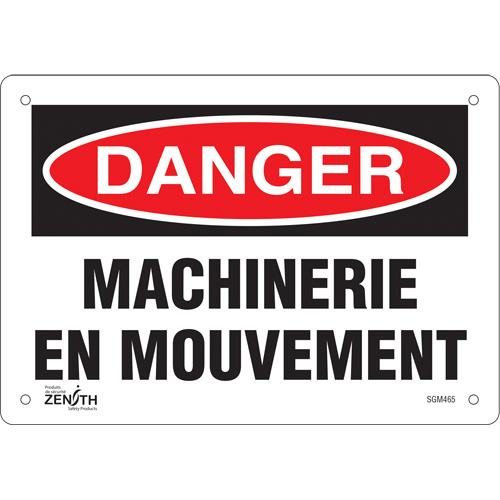 "Machinerie en Mouvement" Sign, Each, Aluminum, Height, 7", Width, 10", Display Type, Bolt-On, Language, 0.040", Legend, Danger; Machinerie en Mouvement, Manufacturer's Warranty