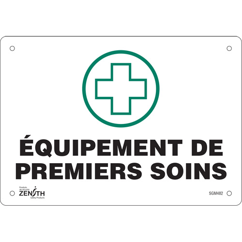 "Premiers Soins" Sign, Each, Plastic, Height, 7", Width, 10", Display Type, Bolt-On, Language, 0.055", Legend, Équipement De Premiers Soins w/Pictogram, Manufacturer's Warranty