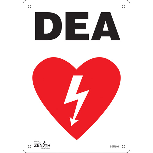 "DEA" Sign, Each, Plastic, Height, 10", Width, 7", Display Type, Bolt-On, Language, 0.055", Legend, DEA w/Heart Pictogram, Manufacturer's Warranty