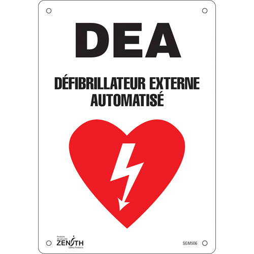 "DEA" Sign, Each, Plastic, Height, 10", Width, 7", Display Type, Bolt-On, Language, 0.055", Legend, DEA Défibrillateur Externe Automatisé w/Pictogram, Manufacturer's Warranty