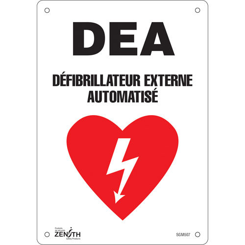 "DEA" Sign, Each, Aluminum, Height, 10", Width, 7", Display Type, Bolt-On, Language, 0.040", Legend, DEA Défibrillateur Externe Automatisé w/Pictogram, Manufacturer's Warranty
