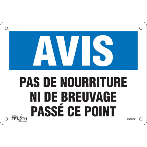 "Pas de Nourriture" Sign, Each, Plastic, Height, 7", Width, 10", Display Type, Bolt-On, Language, 0.055", Legend, Avis; Pas de Nourriture ni de Breuvage Passé ce Point, Manufacturer's Warranty