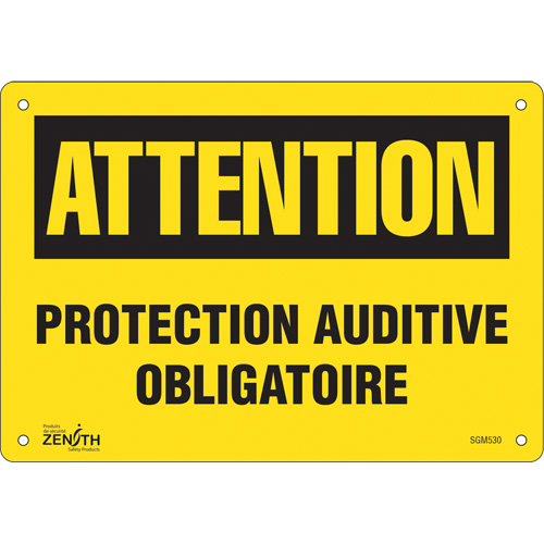 "Protection Auditive Obligatoire" Sign, Each, Plastic, Height, 7", Width, 10", Display Type, Bolt-On, Language, 0.055", Legend, Attention; Protection Auditive Obligatoire, Manufacturer's Warranty