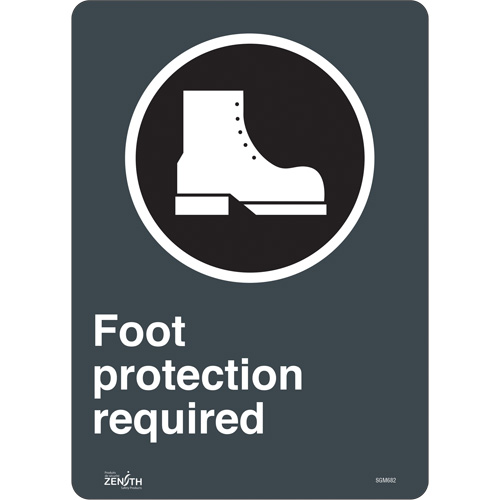 "Foot Protection Required" Sign, Each, Vinyl, Height, 14", Width, 10", Display Type, Adhesive, Language, 4 Mil, Legend, Foot Protection Required w/Pictogram, Pictogram Certification(s)