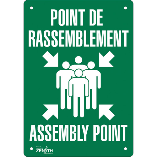 "Point de rassemblement/Assembly Point" Sign, Each, Aluminum, Height, 10", Width, 7", Display Type, Bolt-On, Language, Point de rassemblement; Assembly Point w/Pictogram, Thickness, 0.040", Manufacturer's Warranty
