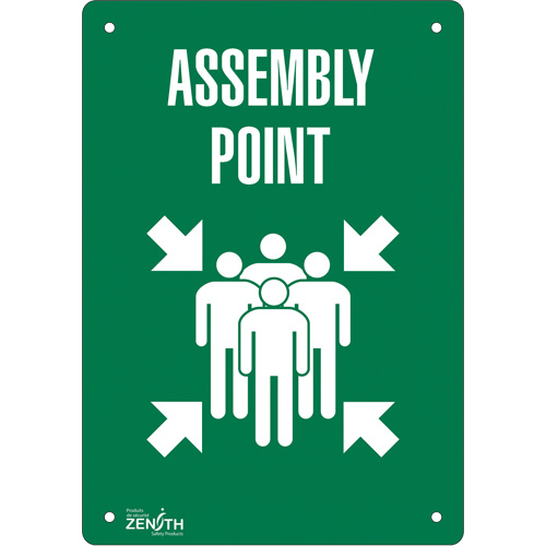 "Assembly Point" Sign, Each, Aluminum, Height, 10", Width, 7", Display Type, Bolt-On, Language, Assembly Point w/Pictogram, Thickness, 0.040", Manufacturer's Warranty