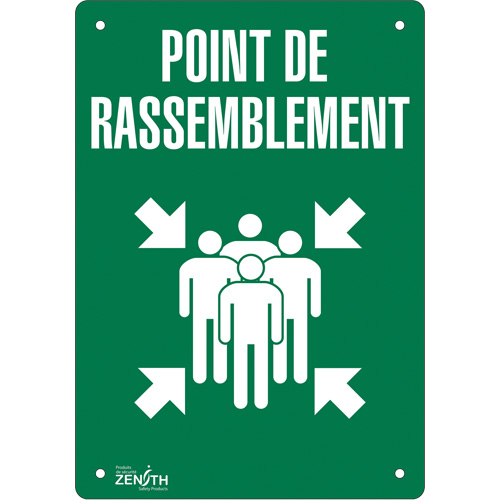 "Point de rassemblement" Sign, Each, Aluminum, Height, 10", Width, 7", Display Type, Bolt-On, Language, Point de rassemblement w/Pictogram, Thickness, 0.040", Manufacturer's Warranty