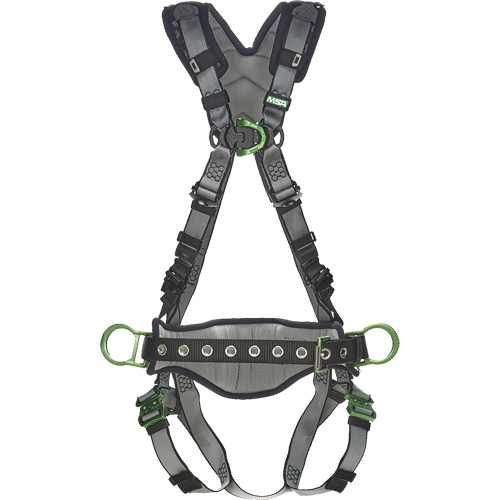 Type, Descent Control/Fall Arrest/Ladder Climbing/Work Positioning, ADLP, Weight Capacity, 400 lbs., Size, Large/Medium, D-Rings, Back - Front - Side, Leg Strap Connections, Aluminum, Hardware Colour, Green