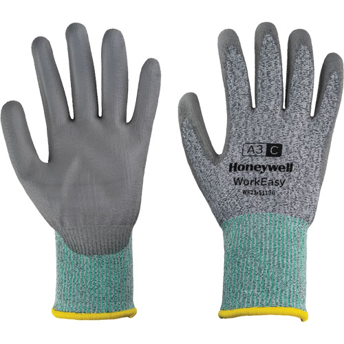 WorkEasy Cut Protective Gloves, Pair, X-Small/6, Gauge, 13, Shell Material, HPPE/Glass Fibre, Coating, Polyurethane, Coating Style, Medium Grey, Cuff Colour, Green, Coverstitch Colour