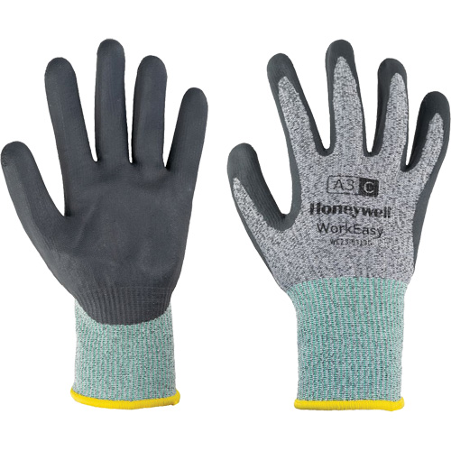 WorkEasy Cut Protective Gloves, Pair, X-Small/6, Gauge, 13, Shell Material, HPPE/Glass Fibre, Coating, Foam Nitrile, Coating Style, Dark Grey, Cuff Colour, Green, Coverstitch Colour