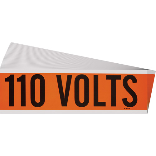 "110 Volts" Conduit & Voltage Labels, Pack of 25, Vinyl/Cloth, Height, 2-1/4", Width, 9", Display Type, Adhesive, Language, Repositionable Rubber, Finish, Semi-Gloss, Colour