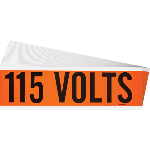 "115 Volts" Conduit & Voltage Labels, Pack of 25, Vinyl/Cloth, Height, 2-1/4", Width, 9", Display Type, Adhesive, Language, Repositionable Rubber, Finish, Semi-Gloss, Colour