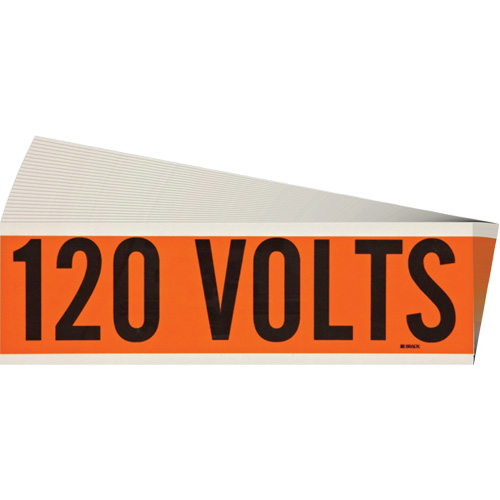 "120 Volts" Conduit & Voltage Labels, Pack of 25, Vinyl/Cloth, Height, 2-1/4", Width, 9", Display Type, Adhesive, Language, Repositionable Rubber, Finish, Semi-Gloss, Colour