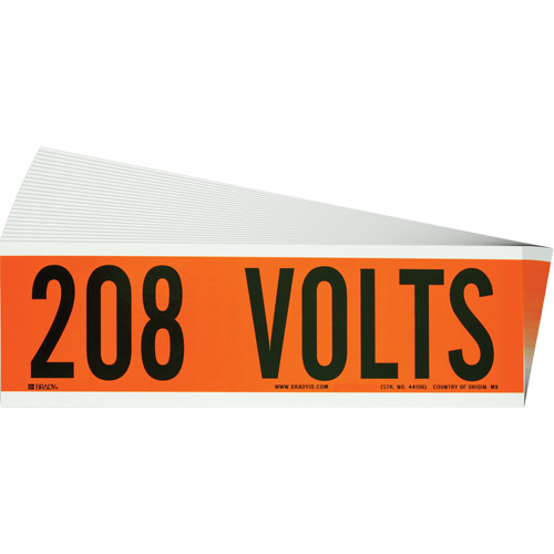 "208 Volts" Conduit & Voltage Labels, Pack of 25, Vinyl/Cloth, Height, 2-1/4", Width, 9", Display Type, Adhesive, Language, Repositionable Rubber, Finish, Semi-Gloss, Colour
