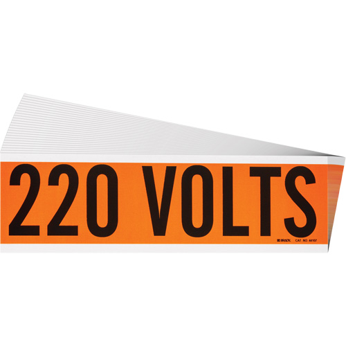 "220 Volts" Conduit & Voltage Labels, Pack of 25, Vinyl/Cloth, Height, 2-1/4", Width, 9", Display Type, Adhesive, Language, Repositionable Rubber, Finish, Semi-Gloss, Colour