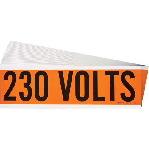 "230 Volts" Conduit & Voltage Labels, Pack of 25, Vinyl/Cloth, Height, 2-1/4", Width, 9", Display Type, Adhesive, Language, Repositionable Rubber, Finish, Semi-Gloss, Colour